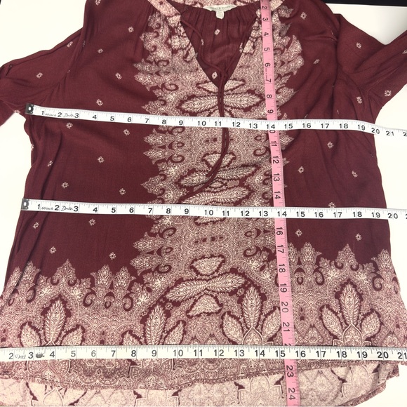 Lucky Brand Burgundy & White Peasant Top Split Neck Blouse L/S Lightweight  M - Picture 14 of 16